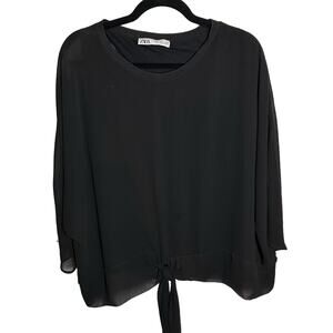 Zara Women's Black Sheer Tie Front Blouse Size Large